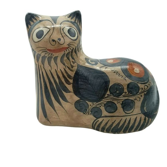 Hand Painted Folk Art Pottery Resting Cat Signed Mexico Flower and Leaves - Picture 4 of 9